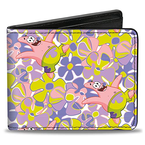 Buckle-Down Men's Wallet Bifold PU Spongebob Squarepants Patrick Starfish Sea Flowers Collage, 4.0" x 3.5"