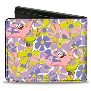 Buckle-Down Men's Wallet Bifold PU Spongebob Squarepants Patrick Starfish Sea Flowers Collage, 4.0" x 3.5"