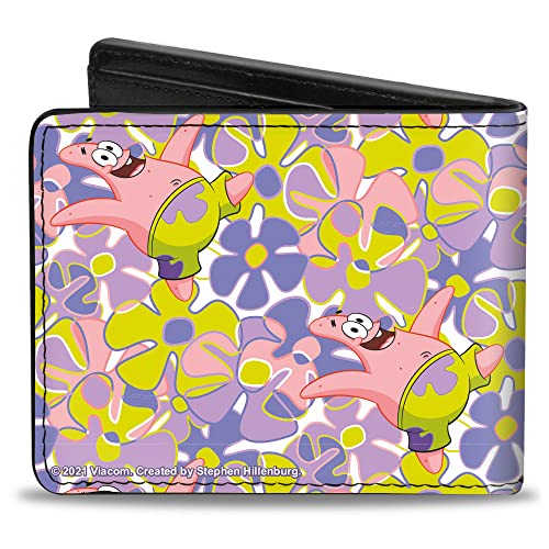 Buckle-Down Men's Wallet Bifold PU Spongebob Squarepants Patrick Starfish Sea Flowers Collage, 4.0" x 3.5"