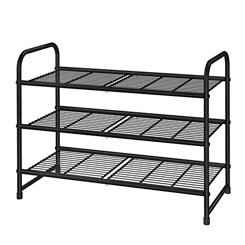 Simple Trending 3-Tier Stackable Shoe Rack, Expandable & Adjustable Shoe Shelf Storage Organizer, Wire Grid, Black