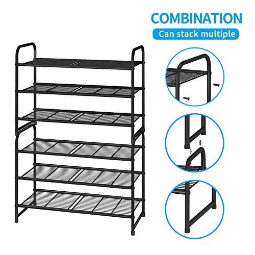 Simple Trending 3-Tier Stackable Shoe Rack, Expandable & Adjustable Shoe Shelf Storage Organizer, Wire Grid, Black