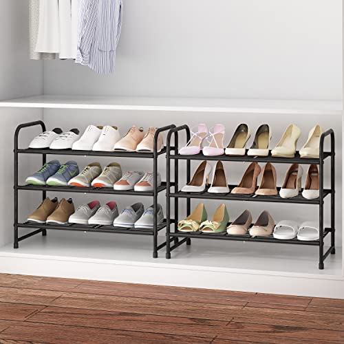 Simple Trending 3-Tier Stackable Shoe Rack, Expandable & Adjustable Shoe Shelf Storage Organizer, Wire Grid, Black