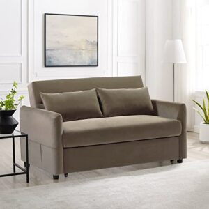 aoowow convertible sleeper sofa bed 57 inches, velvet 2 seats sofa with pull out bed,loveseat sofa couch with adjustable backrest, 2 pillows side pocket for living room small apartment (light brown)