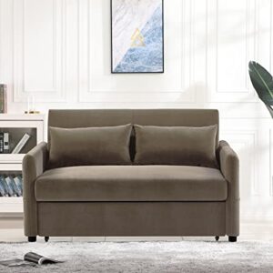 Aoowow Convertible Sleeper Sofa Bed 57 Inches, Velvet 2 Seats Sofa with Pull Out Bed,Loveseat Sofa Couch with Adjustable Backrest, 2 Pillows Side Pocket for Living Room Small Apartment (Light Brown)