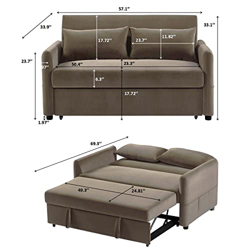 Aoowow Convertible Sleeper Sofa Bed 57 Inches, Velvet 2 Seats Sofa with Pull Out Bed,Loveseat Sofa Couch with Adjustable Backrest, 2 Pillows Side Pocket for Living Room Small Apartment (Light Brown)