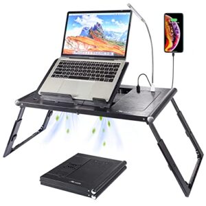 allinside foldable laptop desk, adjustable laptop desk bed tray tablet, portable ipad table with cooling fans built-in 10000mah rechargeable power bank and usb led light for working, reading - black