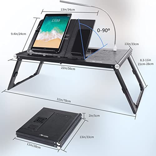 Allinside Foldable Laptop Desk, Adjustable Laptop Desk Bed Tray Tablet, Portable iPad Table with Cooling Fans Built-in 10000mAh Rechargeable Power Bank and USB LED Light for Working, Reading - Black