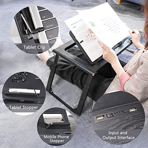 Allinside Foldable Laptop Desk, Adjustable Laptop Desk Bed Tray Tablet, Portable iPad Table with Cooling Fans Built-in 10000mAh Rechargeable Power Bank and USB LED Light for Working, Reading - Black