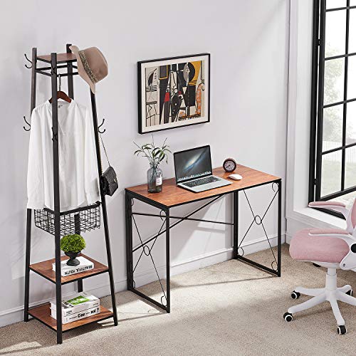 VECELO Folding Computer Desk 39.4'', Simple Laptop Table Home Office Workstation for Reading Writing, No Assembly Needed, Small Space, Brown