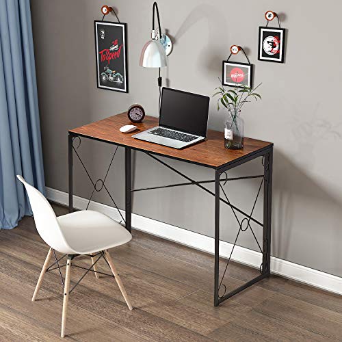 VECELO Folding Computer Desk 39.4'', Simple Laptop Table Home Office Workstation for Reading Writing, No Assembly Needed, Small Space, Brown