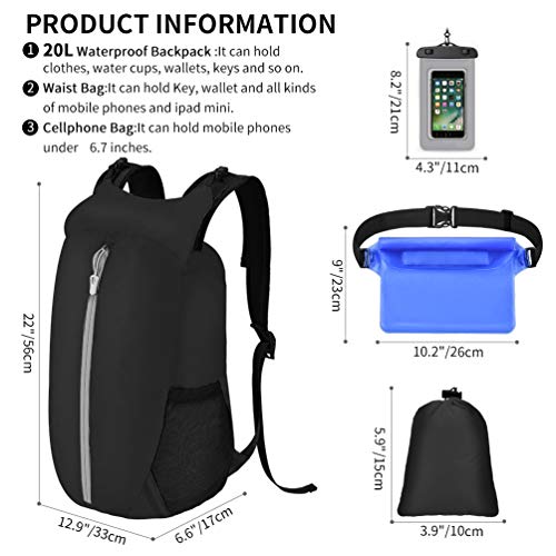 Waterproof Floating Dry Bag Backpack: 20L Lightweight Kayak Gear Drybag - Float Rolltop Outdoor Storage Pouch Pack for Swim Beach Kayaking Boating Rafting Black