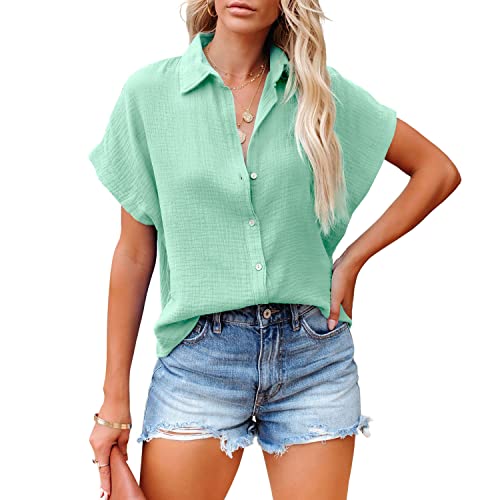 Davenil Women Short Sleeve Button Down Shirts Linen Casual Collar Blouses Light Green Size L