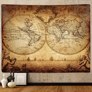 old world map tapestry for bedroom, vintage nautical maps of the world art tapestries wall hanging for college dorm living room office decor 60x40", brown pirate treasure map poster blanket