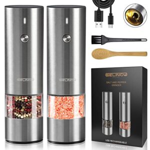 rechargeable electric salt and pepper grinder set - stainless steel, with usb type-c cable, led lights, automatic modern electric pepper mill, 2 adjustable coarseness mills, one hand operation