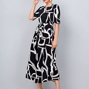 WDIRARA Women's Printed Short Sleeve Round Neck Belted Long Dress Elegant Dresses Black L