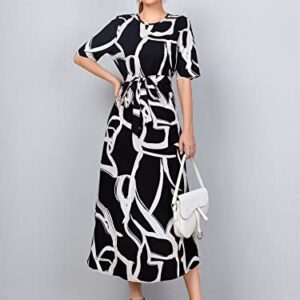 WDIRARA Women's Printed Short Sleeve Round Neck Belted Long Dress Elegant Dresses Black L