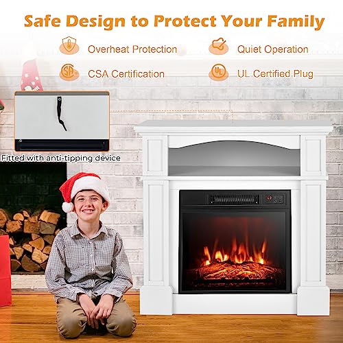 GOFLAME 32" Electric Fireplace with Mantel and Remote Control, Freestanding Mantel Fireplace Heater with 3 Flame Brightness, Thermostat, 6H Timer, Overheat Protection, CSA Certified, 1400W (White)