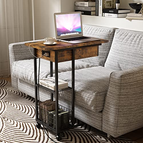 LIDYUK C Shaped End Table with Charging Station, Flip Top Side Table with USB Ports and Outlets, C Table Sofa Table with Storage Shelf for Living Room, Bedroom, Brown