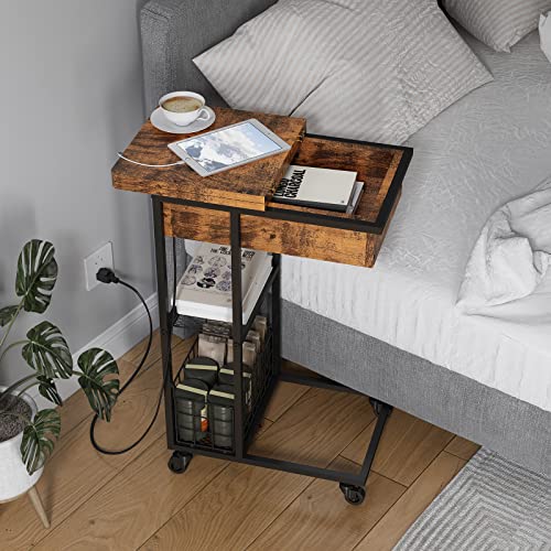 LIDYUK C Shaped End Table with Charging Station, Flip Top Side Table with USB Ports and Outlets, C Table Sofa Table with Storage Shelf for Living Room, Bedroom, Brown