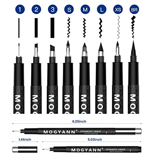 Mogyann Art Pens, Black Drawing Pens 8 size Ink Pens Set for Artist Writing, Sketching, Manga, Anime