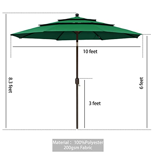 Aoodor Patio Umbrella 10 ft Dining Table Outdoor Market Umbrella 3 Tier - Green