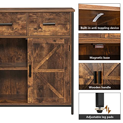 WEENFON Storage Cabinet, Floor Storage Cabinet with 2 Large Drawers, Accent Cabinet with 2 Barn Doors, Sideboard Cabinet for Living Room, Entryway, Kitchen, Industrial, Rustic Brown