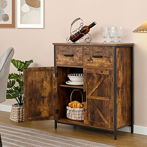 WEENFON Storage Cabinet, Floor Storage Cabinet with 2 Large Drawers, Accent Cabinet with 2 Barn Doors, Sideboard Cabinet for Living Room, Entryway, Kitchen, Industrial, Rustic Brown