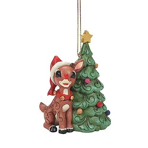 Enesco Jim Shore Rudolph The Red-Nosed Reindeer with Christmas Tree Hanging Ornament, 3.74 Inch, Multicolor