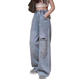 yayabroe kids girls ripped distressed washed baggy wide leg casual jeans size 5-14 yrs (11-12 years, blue)
