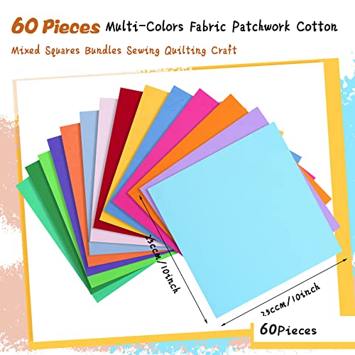 60 Pieces Solid Cotton Quilting Fabric Color Fabric Bundles Fabric Quilt Solid Quilting Squares Quilting Fabric Patchwork Sewing Craft Precut Fabric Scrap for DIY Crafts(10 x 10 Inch)