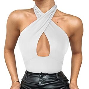 REORIA Women's Sexy Criss Cross Halter Neck Sleeveless Party Club Night Going Out Thong Bodysuits Tops White X-Large