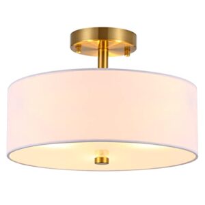 Ludil 3-Light Semi Flush Mount Ceiling Light Fixture, 13" Gold Drum Light Fixture, Modern Close to Ceiling Light with White Fabric Shade Lamps for Bedroom Living Dining Room Kitchen Hallway Entryway