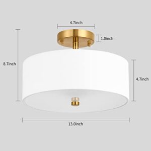 Ludil 3-Light Semi Flush Mount Ceiling Light Fixture, 13" Gold Drum Light Fixture, Modern Close to Ceiling Light with White Fabric Shade Lamps for Bedroom Living Dining Room Kitchen Hallway Entryway