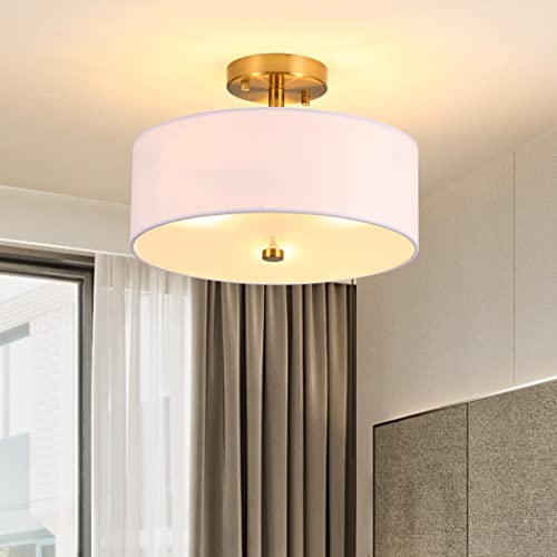 Ludil 3-Light Semi Flush Mount Ceiling Light Fixture, 13" Gold Drum Light Fixture, Modern Close to Ceiling Light with White Fabric Shade Lamps for Bedroom Living Dining Room Kitchen Hallway Entryway