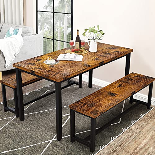 DKLGG 3-Pieces Dining Table Set with 2 Benches, Dining Table Set for 4, Wood Kitchen Table and Chairs Sets w/Metal Frame, Dining Sets for Small Spaces Kitchen Dining Room Restaurants (Rustic Brown)