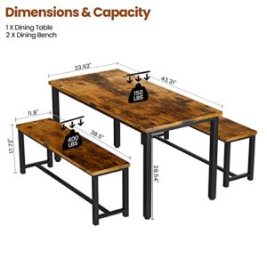 DKLGG 3-Pieces Dining Table Set with 2 Benches, Dining Table Set for 4, Wood Kitchen Table and Chairs Sets w/Metal Frame, Dining Sets for Small Spaces Kitchen Dining Room Restaurants (Rustic Brown)