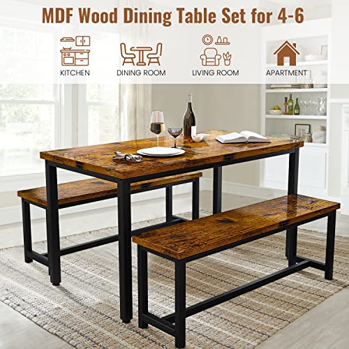 DKLGG 3-Pieces Dining Table Set with 2 Benches, Dining Table Set for 4, Wood Kitchen Table and Chairs Sets w/Metal Frame, Dining Sets for Small Spaces Kitchen Dining Room Restaurants (Rustic Brown)