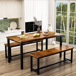 DKLGG 3-Pieces Dining Table Set with 2 Benches, Dining Table Set for 4, Wood Kitchen Table and Chairs Sets w/Metal Frame, Dining Sets for Small Spaces Kitchen Dining Room Restaurants (Rustic Brown)