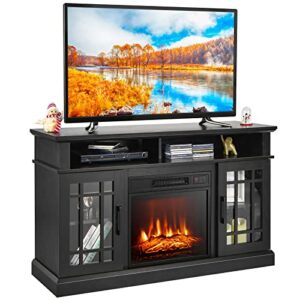 tangkula fireplace tv stand for tvs up to 55 inch, with 18 inches 4777 btu fireplace insert, 3-level brightness, overheat protection, remote control included, fireplace entertainment center (black)