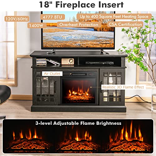 Tangkula Fireplace TV Stand for TVs Up to 55 Inch, with 18 Inches 4777 BTU Fireplace Insert, 3-Level Brightness, Overheat Protection, Remote Control Included, Fireplace Entertainment Center (Black)