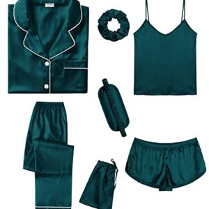 SWOMOG Womens Pjs Sets 7pcs Button Down Short Sleeve Shirt Pajamas Eye Mask Silk Satin Cami Sleepwear with Shorts Deep Green