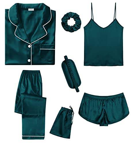 SWOMOG Womens Pjs Sets 7pcs Button Down Short Sleeve Shirt Pajamas Eye Mask Silk Satin Cami Sleepwear with Shorts Deep Green