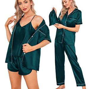 SWOMOG Womens Pjs Sets 7pcs Button Down Short Sleeve Shirt Pajamas Eye Mask Silk Satin Cami Sleepwear with Shorts Deep Green