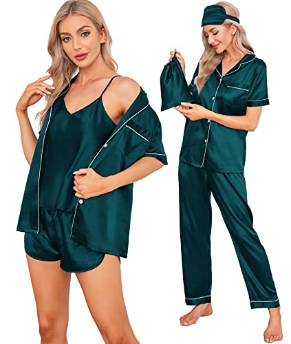 SWOMOG Womens Pjs Sets 7pcs Button Down Short Sleeve Shirt Pajamas Eye Mask Silk Satin Cami Sleepwear with Shorts Deep Green