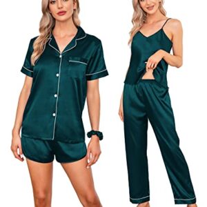 SWOMOG Womens Pjs Sets 7pcs Button Down Short Sleeve Shirt Pajamas Eye Mask Silk Satin Cami Sleepwear with Shorts Deep Green