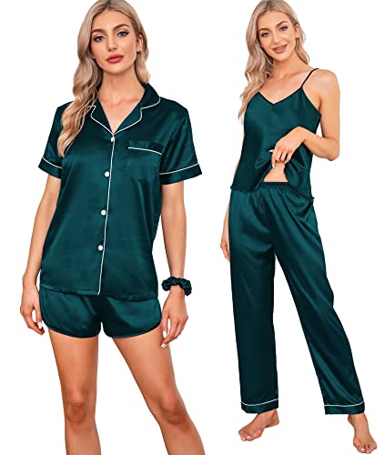 SWOMOG Womens Pjs Sets 7pcs Button Down Short Sleeve Shirt Pajamas Eye Mask Silk Satin Cami Sleepwear with Shorts Deep Green