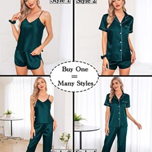 SWOMOG Womens Pjs Sets 7pcs Button Down Short Sleeve Shirt Pajamas Eye Mask Silk Satin Cami Sleepwear with Shorts Deep Green