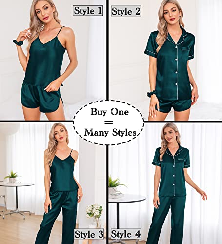 SWOMOG Womens Pjs Sets 7pcs Button Down Short Sleeve Shirt Pajamas Eye Mask Silk Satin Cami Sleepwear with Shorts Deep Green