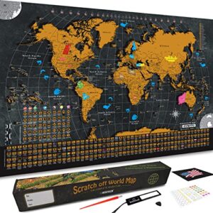ovanto scratch off world map - 17x24 world map poster, the only travel map with super easy scratch foil, flags, capitals, population, monuments, landmarks, time zones. extra accessories in a gift box