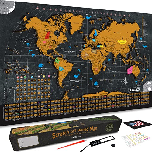 OVANTO Scratch Off World Map - 17x24 World Map Poster, The Only Travel Map with Super Easy Scratch Foil, Flags, Capitals, Population, Monuments, Landmarks, Time Zones. Extra Accessories in a Gift Box